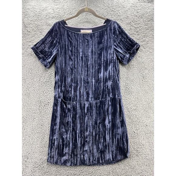 Anthropologie Flareat Shirt Dress Crushed Velvet Blue Short Sleeve Front Pockets - Picture 1 of 10